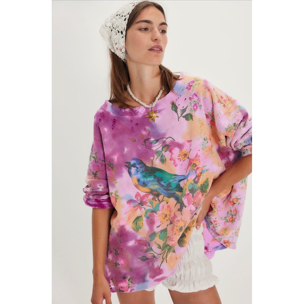 Magnolia Pearl RARE Songbird Floral Sweatshirt Purple Tie Dye Bird Distressed - Picture 5 of 16